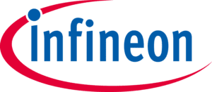 Infineon-Logo mit blauer Schrift und rotem geschwungenem Akzent auf transparentem Hintergrund