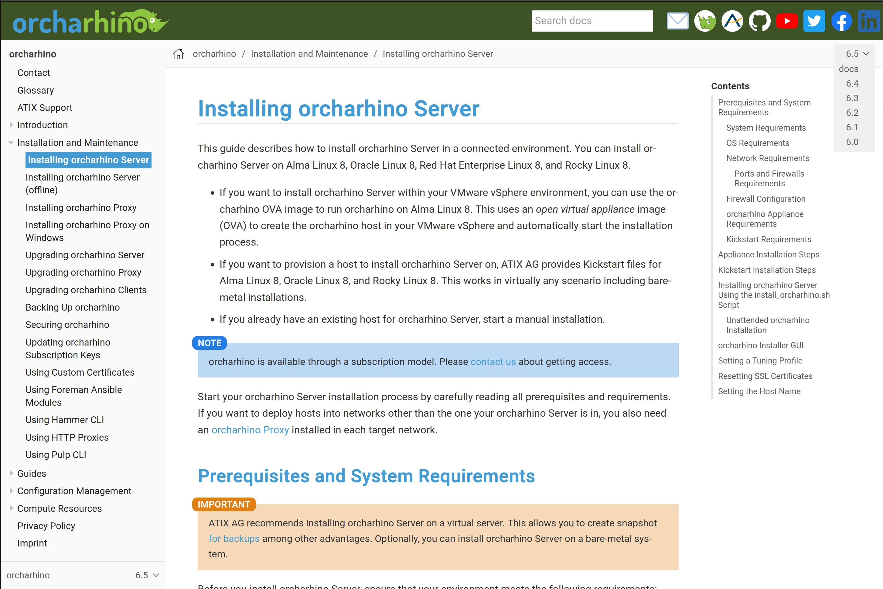This page shows the "Installing orcharhino Server" guide for orcharhino 6.5; "docs" always points to the latest orcharhino release; and clicking "6.4" in the top right corner brings you to the same page but for verion 6.4; the menu in the bottom left switches versions but you'll start at the "homepage" again for the selected version.
